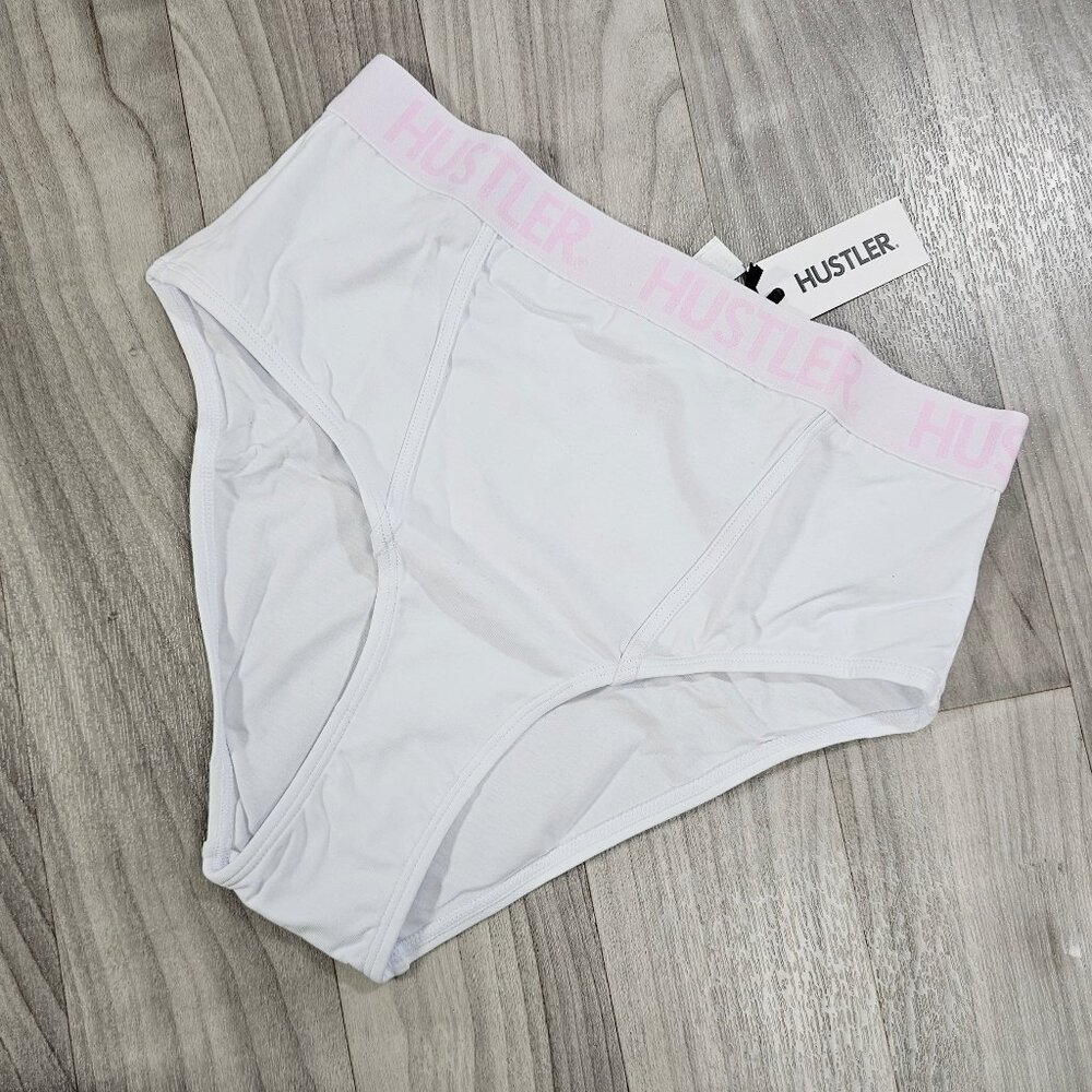 Hustler Lingerie Logo Classic Full Brief Panty, White, Size US 2